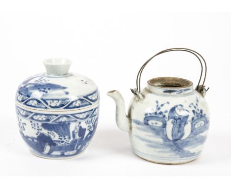 A Chinese blue and white lidded pot with a depiction of an important personage and attendant,  with repeating border and inte