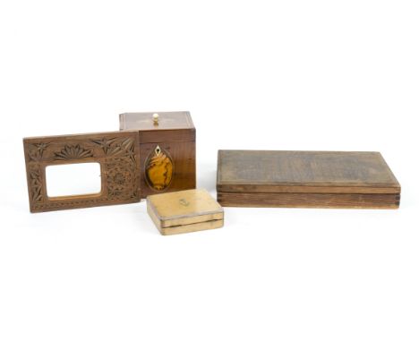 An antique inlaid tea caddy, with naturalistic decoration inside oval cartouches, with foil lined internal compartment, toget