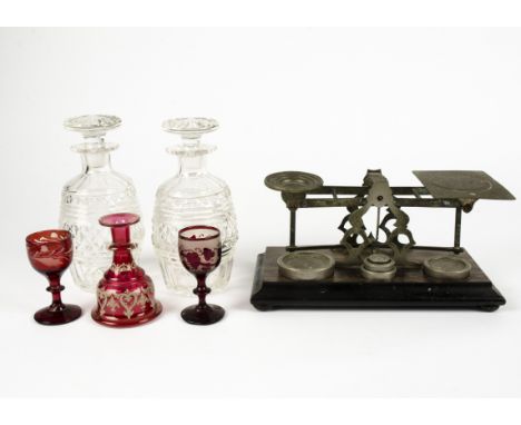 A collection of antique items to include a Mary Gregory type cranberry glass tumbler and some other cranberry glass, a set of