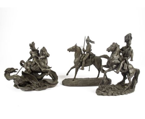 Three Heredities bronze effect cast resin figures, including a David Geenty Cavalry Hussar Dragoon - Light Brigade, height 26