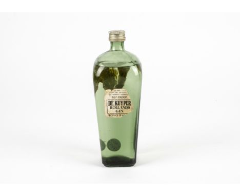 A bottle of John de Kuyper &amp; Sons 'Geneva' Gin,  the De Kuyper's Square face bottle bearing the tantalising slogan 'Who D