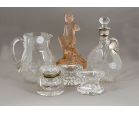 A selection of 20th Century glassware, including a transparent glass port decanter, with silver collar and label, height 24cm