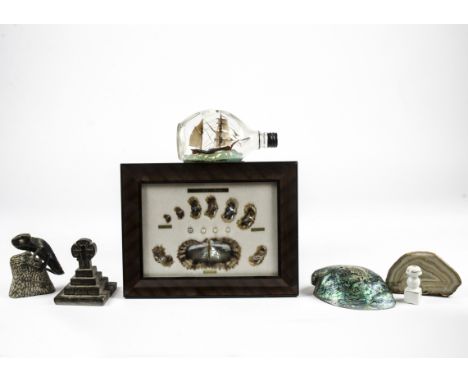 A collection of works of art, including a ship in a bottle, carved shells, decorative stones and agate, carved hardstone and 