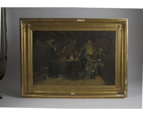 An oil on canvas genre scene of disgruntled female visitors to an old English pub,  bearing a sticker suggesting that it was 