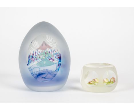 Helen MacDonald c2004 a Caithness 'Peaceful Paradise' pattern paperweight, of oviform shape enclosing a tranquil formation of