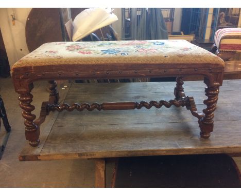 Victorian Duet Stool, an oak stool/window seat with floral tapestry top on barley twist supports and stretcher, 90cm long 42c