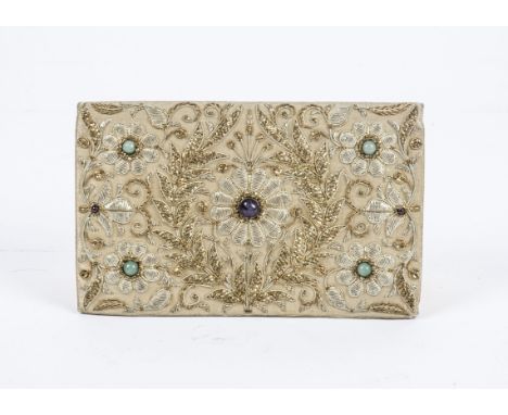 A vintage purse or clutch bag with semi precious stones,  and gilt raised decoration, and interior compartments 20cm x 13cm 