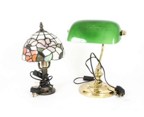 Brass Desk Lamp and Tiffany Style Table Lamp, a modern brass desk lamp with green glass shade (33cm high) and a Tiffany Style