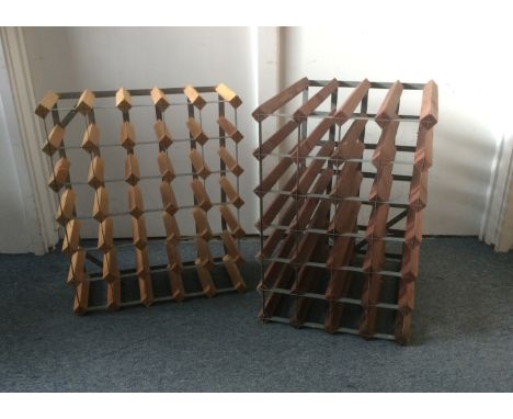 Two wooden metal wine racks, one designed for thirty bottles, the other for twenty (2) 