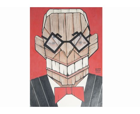 Omar Rayo (Colombian 1928–2010), watercolour of a grinning male face, partially constructed from wood with a red bow tie C194