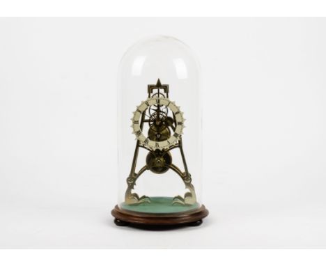 A 20th Century skeleton mantle clock,  under glass dome, Roman numerals to the dial, height 43cm  