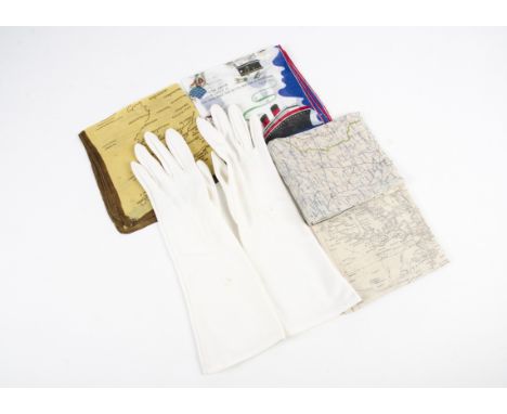 A collection of vintage gloves and handkerchiefs all sorted into sleeves,  featuring a humorous 'Bon Voyage' handkerchief of 