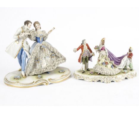 Two Muller Volkstedt &amp; Co Seedorf Dresden figurines,  both with Dresden lace applied to the edges of the subjects garment