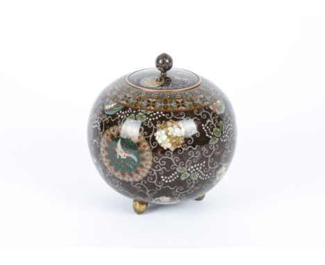A Japanese Meiji period cloisonné tripod bowl and cover with later additions, with bands of circles and orange peel texture, 
