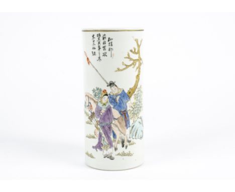 A Chinese cylindrical vase Republic period, with overglaze enamel decoration of two figures intercepting each other along the