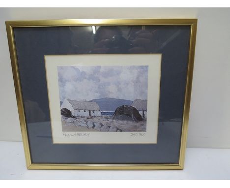 Paul Henry - an Irish scene with two thatched cottages and hill beyond, limited edition print, 252/300 signed in pencil, 6 1/