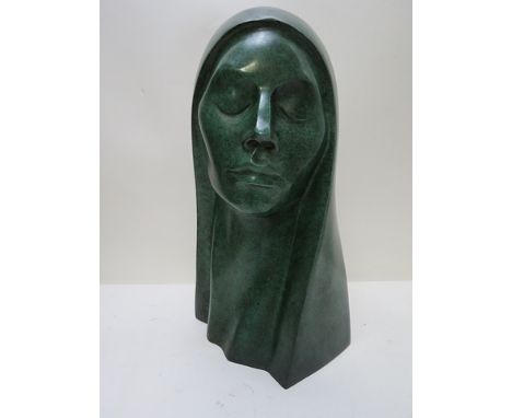 Michael Cooper - a cast and green patinated bronze bust of a woman with an elongated neck, monogrammed and numbered 2/9, 15 h