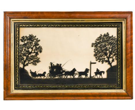 A reverse glass painted coaching scene - Epsom Derby 1827 - maple framed, others of racehorses 'Rowton' and 'Our Nell' and a 