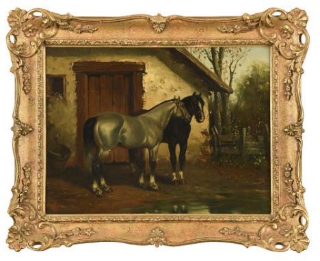 English School, 19th Century, A grey and a bay outside a stable, indistinctly signed with a monogram lower left, oil on board