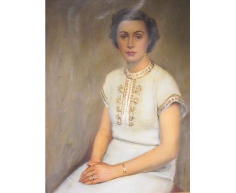 *** Litten (British, 20th Century), Portrait of a lady, seated, in a cream and gold dress, signed upper left "Litten / '52", 