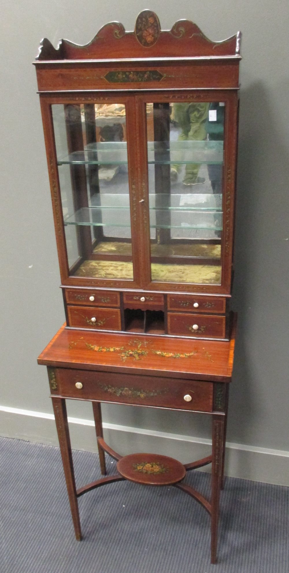 A Sheraton Style Edwardian Floral Painted Mahogany Display Cabinet