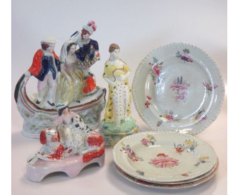 A collection of Staffordshire figures, cabinet plates and a Ralph Wood type figure (a/f) (7)  