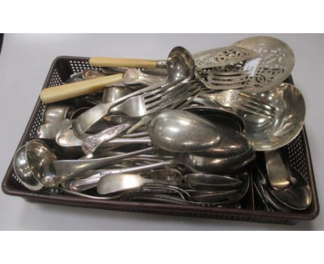 A quantity of silver and plated wares to include napkin rings, flatware, ladle, meat cover, etc  