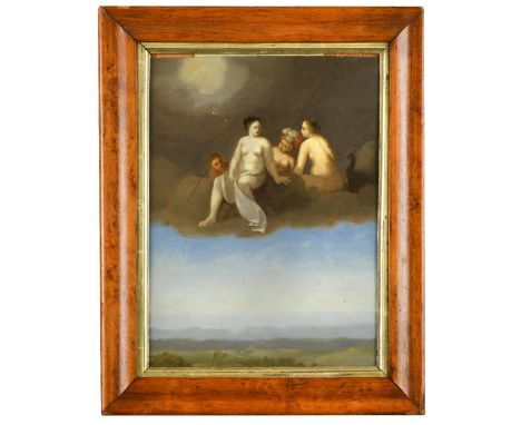 Attributed to Cornelis van Poelenburgh (Dutch, 1594-1667) - Venus, Minerva and Juno seated upon a cloud, an extensive landsca