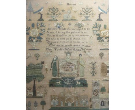 An early 19th century needlepoint sampler depicting birds, buildings and trees, in memorium to Queen Caroline who died in 182