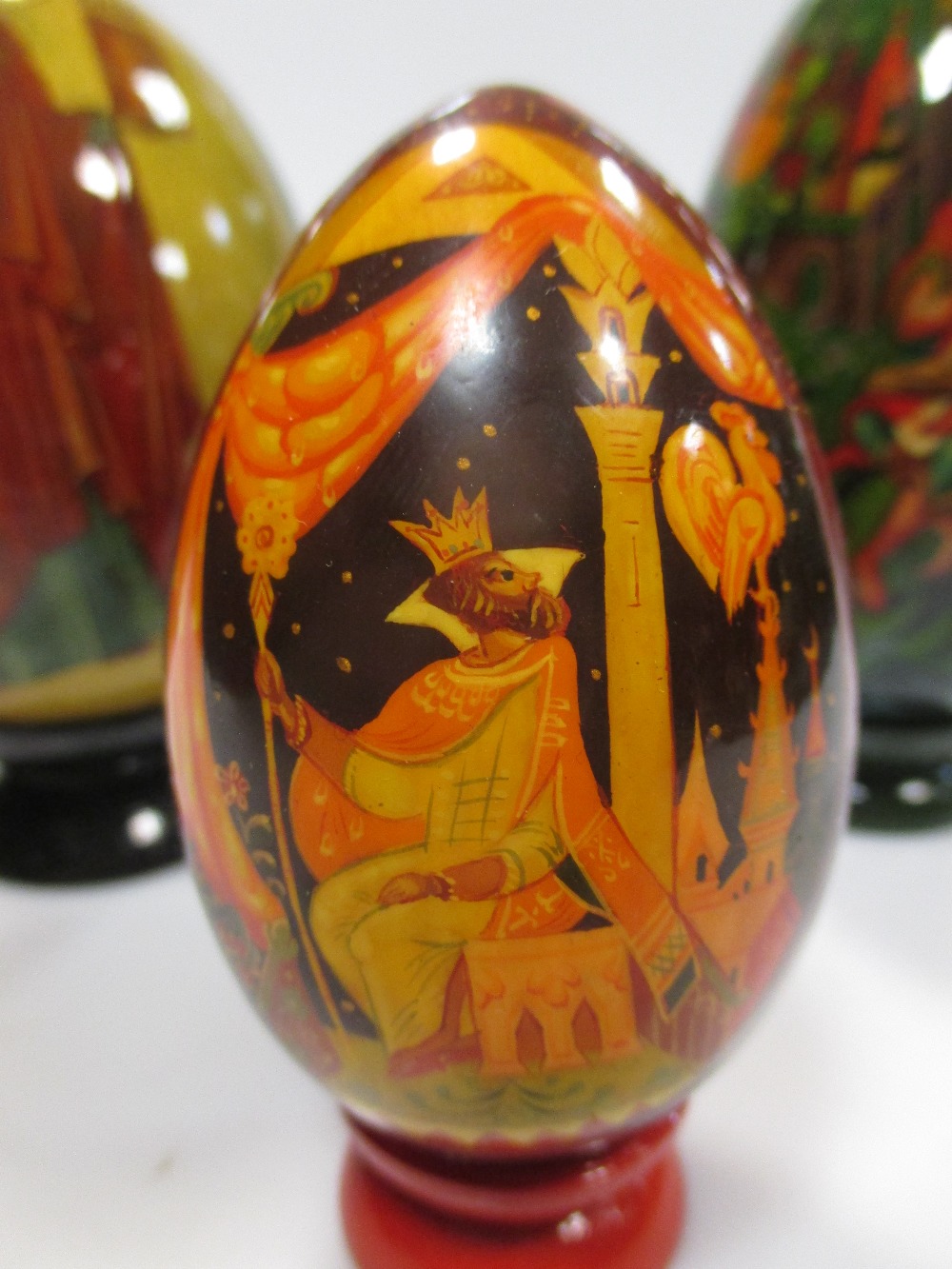 Various Russian painted eggs, all 20th century with religious and