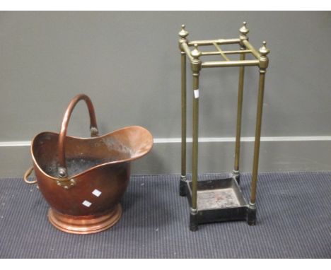A brass stick stand and a copper coal scuttle (2)  