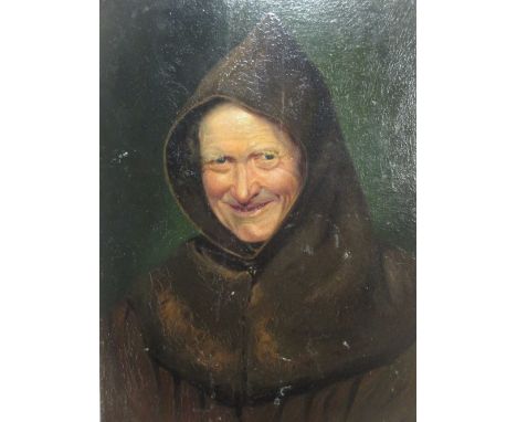 Continental School c.1900, Smiling monk in hooded habit, oil on mahogany panel, unframed, 33 x 24cm  