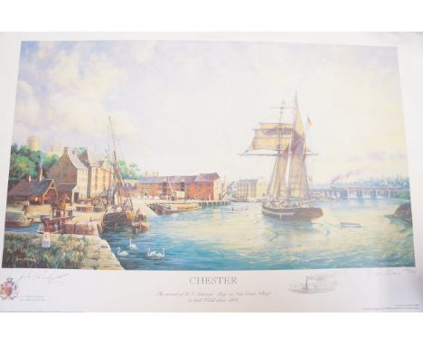 Limited edition signed print Gordan Frickers 206/500 titled chester the arrival of U.S.Schooner signed by Lord mayor of Chest