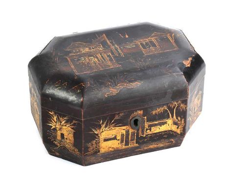JAPANESE LACQUERED TEA CADDY FITTED WITH PEWTER CADDIES HEIGHT: 4.5 INCHES WIDTH: 8 INCHES DEPTH: 5 INCHES VENEER MISSING TO 