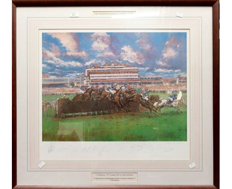 Horse Racing: A framed and glazed horse racing print of 'The Hennessy Cognac Gold Cup 1997', signed. 'Commissioned to commemo