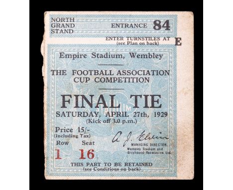 F.A. Cup: A 1929 F.A. Cup Final ticket, Bolton Wanderers v. Portsmouth, 27th April 1929, North Grand Stand, Entrance 84, Row 