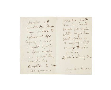  Livingstone, David (1813-1873) Autograph letter signed to abolitionist Mary Anne Rawson [London,] 56 Albemarle St, 7th Decem