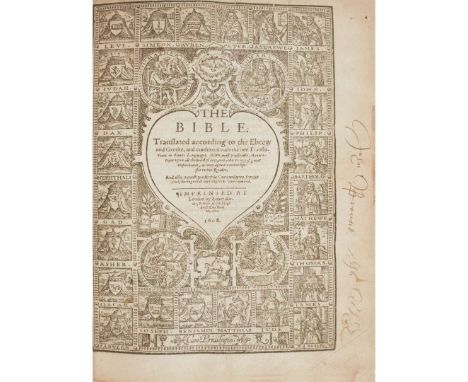 Bibles and religious books 16th to early 18th century [Bible, 1597] 4to in sixes, contemporary calf, all leaves up to Genesis