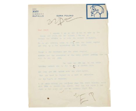 Pound, Ezra (1885-1972) Typed letter signed Rapallo, c.1939. Typed in blue ink on one side only of Pound's Rapallo stationery