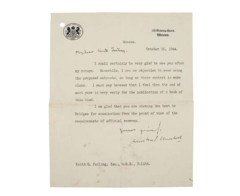  Churchill, Sir Winston Typed letter, signed, to Keith G. Feiling Written on 10 Downing Street letterhead, dated 16th October