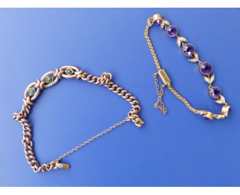 An amethyst &amp; pearl set yellow metal bracelet and a '9c' bracelet. (2)