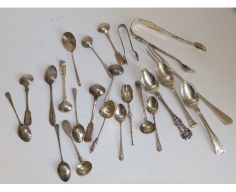 20 silver tea, salt, mustard spoons and others, two pairs of tongs and a pickle fork. (23)