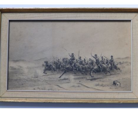 N. A. Keen - watercolour en grisaille - The charge of the Light Brigade, signed &amp; dated 1901, 7" x 12".