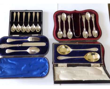 A cased Victorian three piece silver cutlery christening set - 'GA' London - a/f, a cased pair of London silver spoons, six c