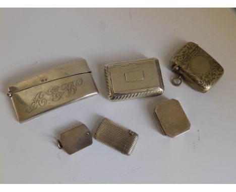 A Regency Birmingham silver snuff box  -'IS'  1819, 2.25" across , two vestas and three other pieces. (5).