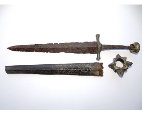 A mediaeval dagger with bronze mounts, 13" overall with incomplete leather scabbard and a bronze mace head - from the River T