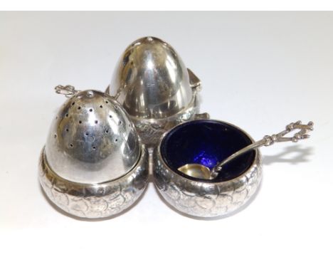 A Victorian 'acorn' silver condiment set on stand  - Charles Favell, Sheffield 1878.