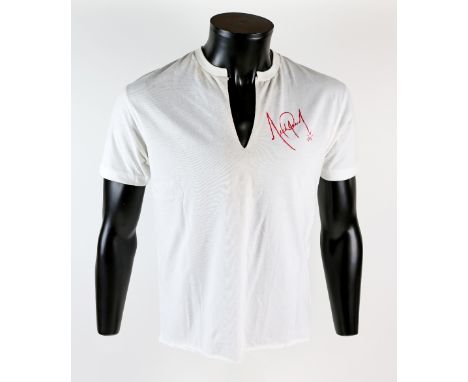Michael Jackson - An autographed, concert-worn Michael Jackson T-shirt, white cotton with slit to front, makeup evident to ne
