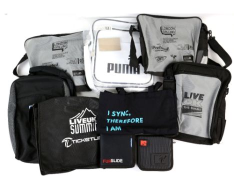 15 Music Industry promotional laptop bags names such as EMI Publishing, Hit 40 Radio, A&amp;R Worldwide and many more, also a