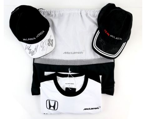 McLaren - Formula One merchandise including a McLaren Honda team cap signed by Jenson Button and Fernando Alonso, another cap